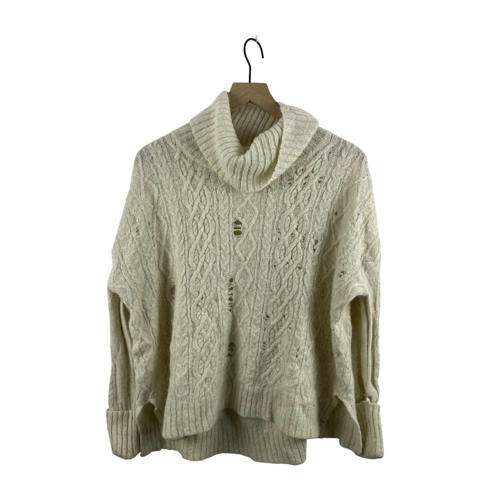 Free People Women's Medium Complex Cable Knit Distressed Turtleneck Sweater Wool